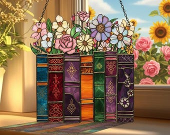 Book Lover Suncatcher – Colorful Books and Flowers Acrylic Window Hanging – Literary Gift for Readers – Rainbow Sun Catcher Home Decor