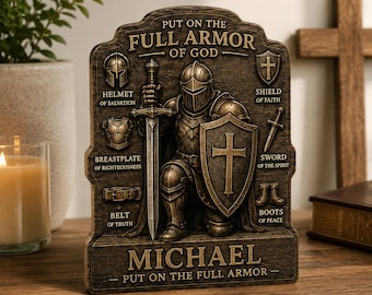 Personalized Armor of God Wooden Block, Custom Christian Knight Gift, Faith Decor for Men, Pastor Dad Son Keepsake