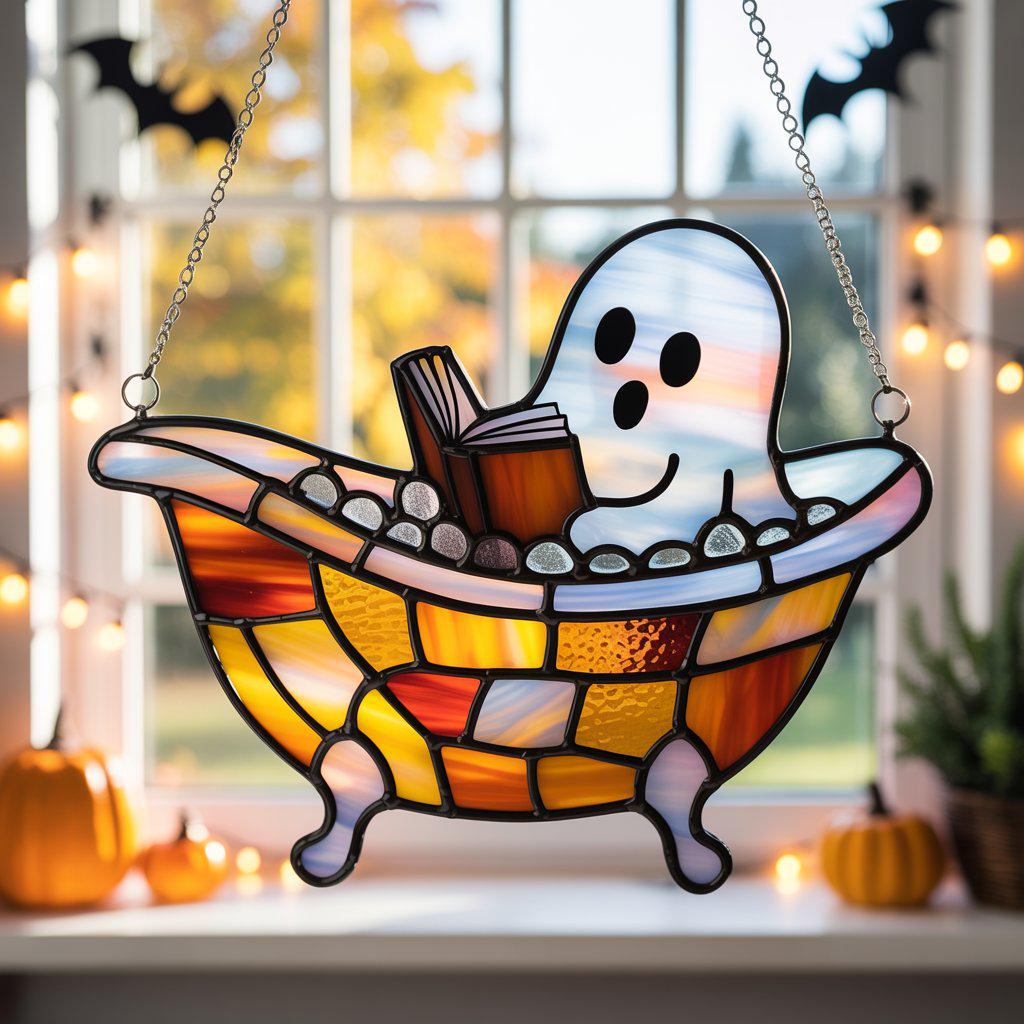 Geist & Katze Fensterhänger – Süß-gruselige Halloween-Deko Aus Acryl, Buntglaseffekt, Mit Aufhängekette