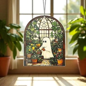 Halloween Bookish Ghost Acrylic Window Hanging Cute Ghost Greenhouse Suncatcher Ornament Plants Lover Gift Halloween Home Decor Gift For Mom