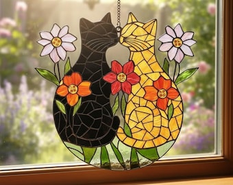 2D Flat Couple Cats Suncatcher – Acrylic Faux Stained Glass Window Hanging