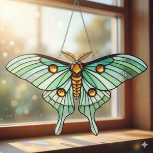 May include: A stained glass moth suncatcher with a chain for hanging. The moth features green and teal wings with gold accents and circular details. The body is a mix of gold and brown. The suncatcher is displayed in front of a window.