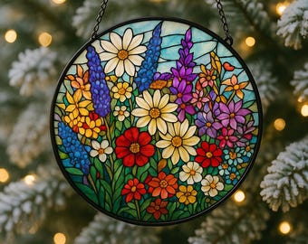 Stained Glass Wildflower Suncatcher, Floral Window Hanging Decor