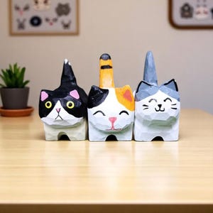 Hand-Carved Wooden Cat Figurine – Whimsical Lucky Cat Statue, Office Desk Decor, Unique Gift for Cat Lovers, Feng Shui Home Accent