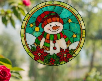 Stained Glass Snowman Suncatcher, Holiday Window Ornament - Etsy