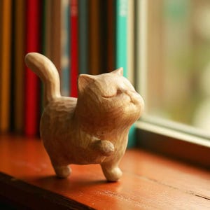 Handmade Wooden Cute Lady Kitten Cat Desk Decor, Wood Kitty Bird, Handmade Meow Figurine Statues, Gift for her