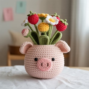 Mom Gift Blossom Critter Pots Crochet Patterns Bundle | Sunflower Bear Pattern, Strawberry Pig Pattern, Myosotis Bunny Daisy Cat Pattern