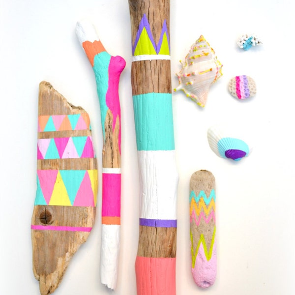 Sticks and Shells Collection - Driftwood Art, Tribal Geometric - Neon, Pastel, Dorm Decor - Painted Driftwood, Seashells, Beach, Boho