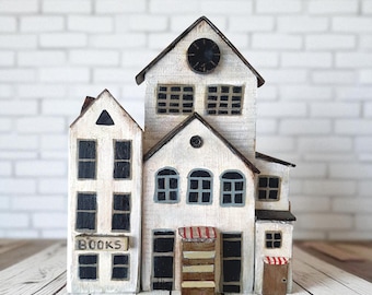 Rustic Wooden Home Decor – Miniature Wooden Houses  – Farmhouse Shelf Ornament Gift