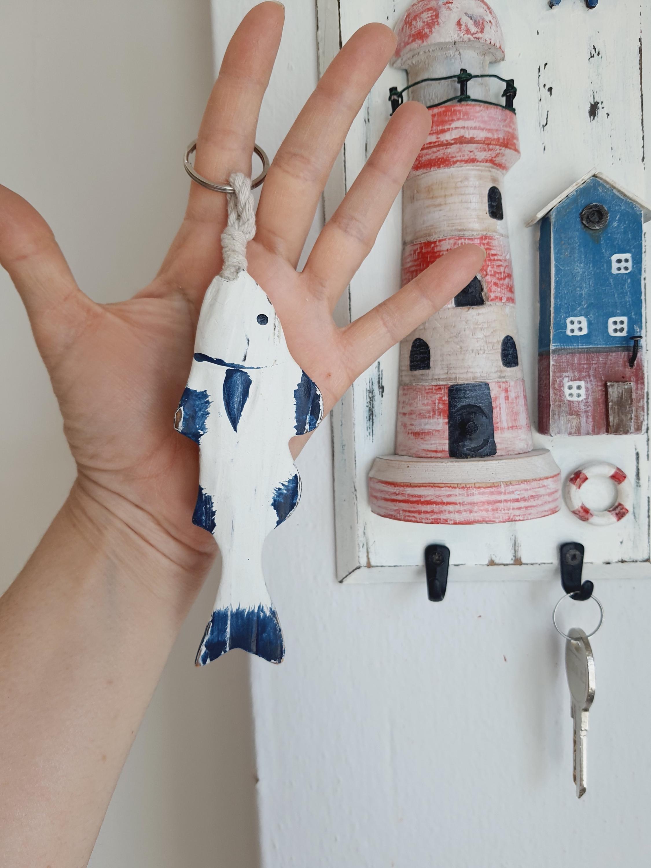 Hand-painted Lighthouse Key Holder With Fish Keychain, Coastal Cottage ...