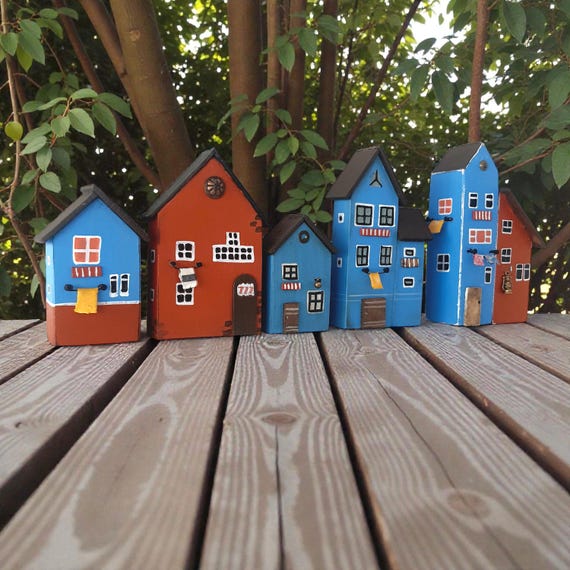 Patina Blue Wooden Houses Decor | Hand Painted Rustic Farmhouse Shelf & Table Decoration