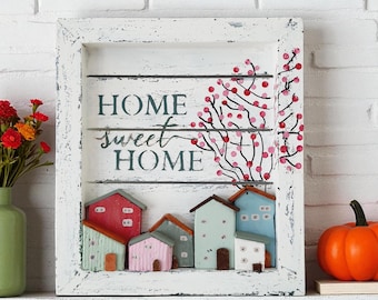 Handmade Wooden Wall Art Panel with  Tiny Houses, Miniature Art