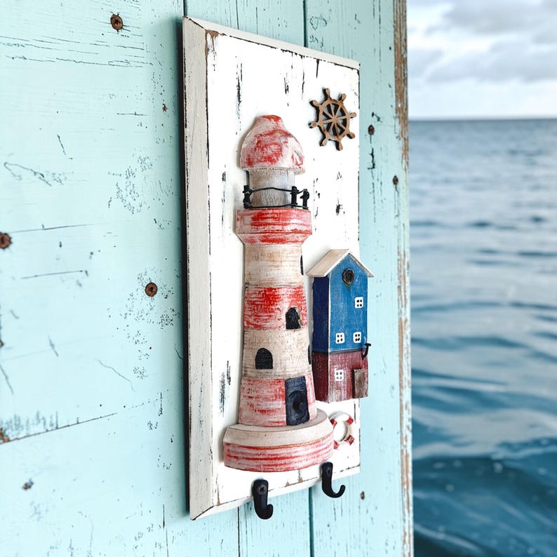 Hand-painted Lighthouse Key Holder With Fish Keychain, Coastal Cottage ...
