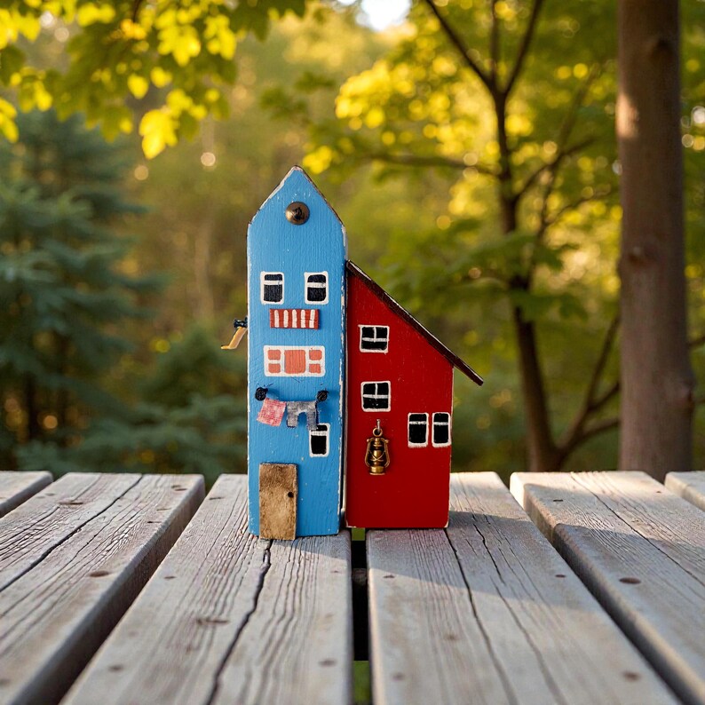 Może przedstawiać: Kapryśny, ręcznie wykonany drewniany domek pomalowany na żywy niebieski i czerwony. Miniaturowe mieszkanie posiada małe okna, maleńkie drzwi i elementy dekoracyjne, takie jak sznurek do wieszania prania z miniaturowym praniem. Domek stoi na drewnianej powierzchni.