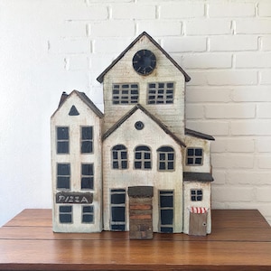 Double Sided Rustic Wooden House Decor : Handcrafted 3D Miniature Townhouse