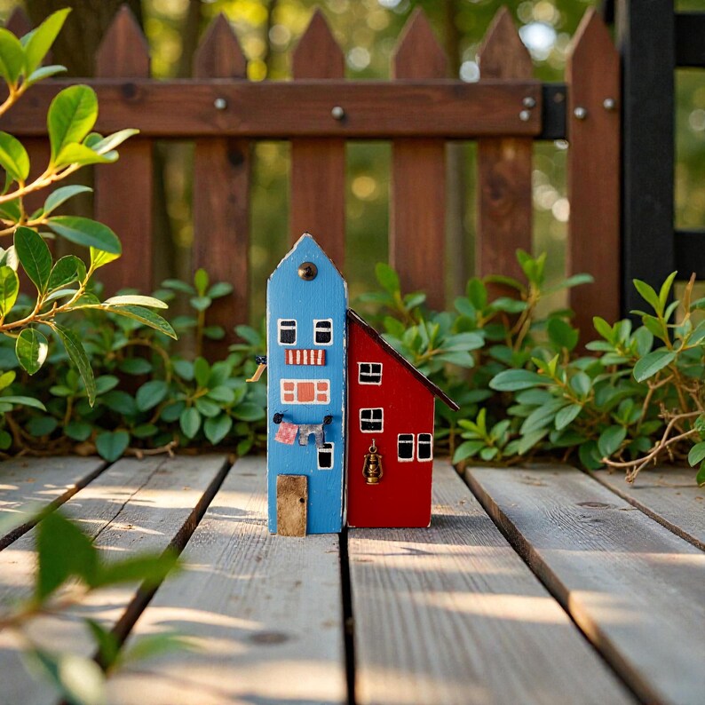 Może przedstawiać: Miniaturowy drewniany domek z niebiesko-czerwoną fasadą. Niebieska część ma wiele okien z białymi ramami i małe drewniane drzwi. Czerwona część ma latarnię i więcej okien. Sznur do wieszania ubrań z maleńkimi ubraniami wisi z boku.