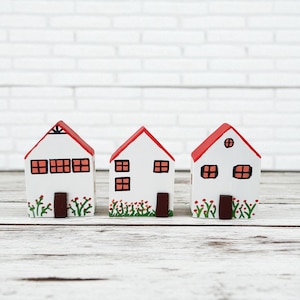 Hand Painted Miniature Wooden House Set: Cottagecore Village Decor