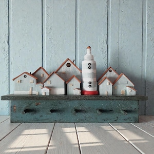 Coastal Wooden  Key Holder: Hand Painted Driftwood Wall Hanger with Patina Blue Houses