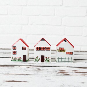 Miniature Wooden House Set: Hand Painted Cottagecore Village Decor