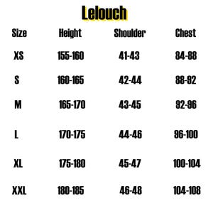 May include: A size chart with the brand name "Lelouch" in yellow. The chart lists sizes XS to XXL, with corresponding height, shoulder, and chest measurements in centimeters. The text is in a bold, sans-serif font.