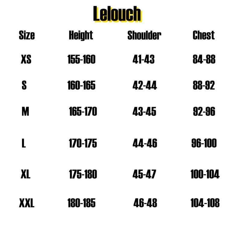 May include: A size chart with the brand name "Lelouch" in yellow. The chart lists sizes XS to XXL, with corresponding height, shoulder, and chest measurements in centimeters. The text is in a bold, sans-serif font.