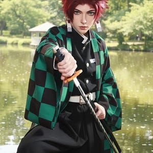 15 días para hacer -•- Disfraz de Tanjiro Kamado personalizado "Respiración acuática", uniforme completo, haori a cuadros y atuendo negro, cosplay de Demon Slayer de Anime