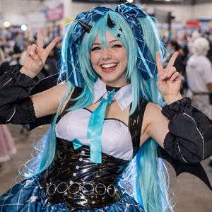 15 days to make - Hatsune Miku Devil Raccoon Cosplay Costume, Gothic Demon Idol Dress with Horns Wings Trident, Anime Outfit for Women