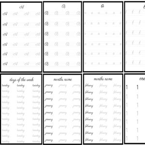 Puede incluir: Un conjunto de hojas de práctica de escritura a mano con bordes negros. Las hojas presentan las letras A, B, a, b, los días de la semana, los meses, el número uno y el número noventa y nueve, todo en fuente gris claro.