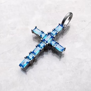 Aqua Blue Cross Pendant, Sterling Silver Cross Necklace, Dainty Aquamarine Gemstone Jewelry, Religious Gift for Her, Minimalist Style