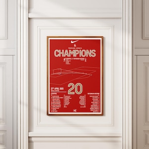 Puede incluir: Un póster rojo y blanco con el texto "Champions" y un gráfico de campo de fútbol. El póster también incluye la fecha "22 de abril de 2023" y el número "20".