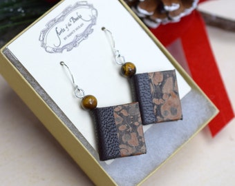 Miniature Book Earrings Black Leather Tiger Eye Stone Bead Copper Marbled Paper Miniature Book Jewelry Silver Wire Hook Earrings