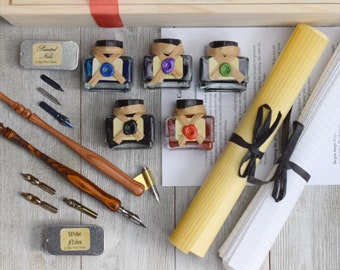 Deluxe Calligraphy Set with Dip Pens, Nibs, Ink, Paper, Instructions in Wood Gift Box // Gift for Writers