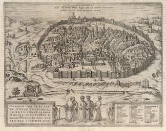 May include: A black and white engraving of Jerusalem, a city with a walled perimeter and many buildings. The engraving is titled "Hierosolyma Vrb Sancta" and includes the text "Ezechielis v Hec est Ierusalem. Ego eam in medio Gentium posui, et in eius circuitu terras."