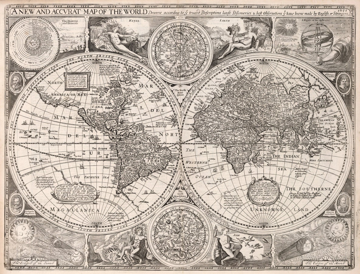 Vintage World Map, Cartography Art, Fine Art Reproduction