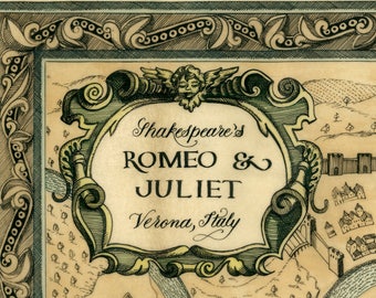 May include: A vintage-style illustration of a map of Verona, Italy, with a decorative frame around the title "Shakespeare's Romeo & Juliet, Verona, Italy".