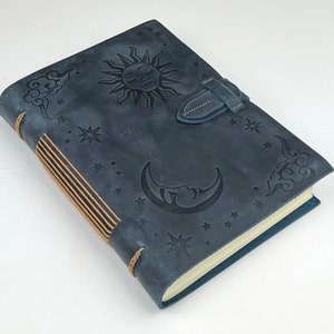 Blue Leather Journal Sun Moon Stars Celestial Embossed Design Blank Paper