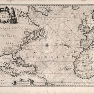Carta náutica histórica del océano Atlántico, reproducción de bellas artes del siglo XVII MP045