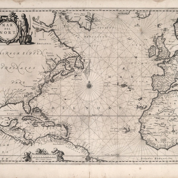 Historical Nautical Chart of Atlantic Ocean, 17th Century Fine Art Reproduction MP045