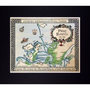 Karte der Wikingerzüge und Siedlungen in Europa Fine Art Print mit Beibooten der Wikinger