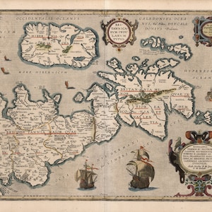Old Color Map of British Isles, 17th Century Map, Fine Art Reproduction MP031