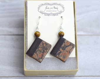 Classic Black and Brown Leather Book Earrings