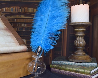 Bolígrafo de pluma de avestruz y portalápices de cristal