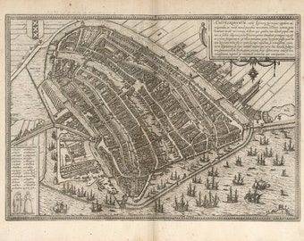 額装品　西洋古地図　1800年頃　アムステルダム都市図 オランダ、アムステルダムの古地図、16 世紀の都市地図、美術複製