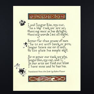 Cat Poem in Calligraphy Fine Art Print // Pangur Ban Irish Poem