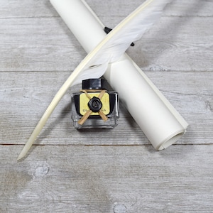 Closeup of a bottle of black writing ink, feather quill, and roll of parchment paper