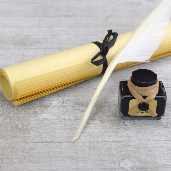 Renaissance Writing Set with Calligraphy Parchment Paper, Feather Quill, and Ink