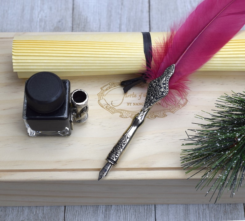 Feather Quill Pen Gift Set in Wood Box with Inkwell Pen Etsy