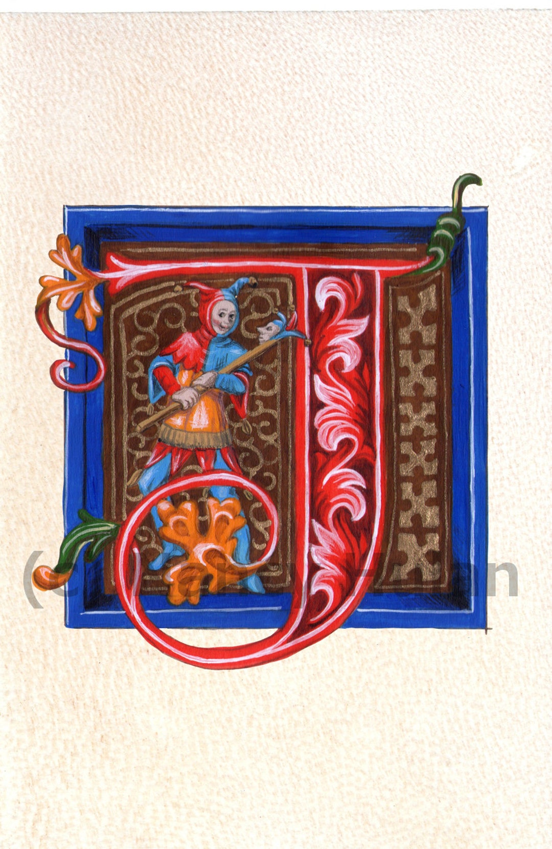 Alphabet Letter J, Medieval Illuminated Letter J, Painted Initial J