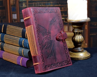 Dragon Leather Journal with Embossed Creature, Red, Large