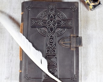 Celtic Cross Journal Brown Leather Blank Paper for Bible Study